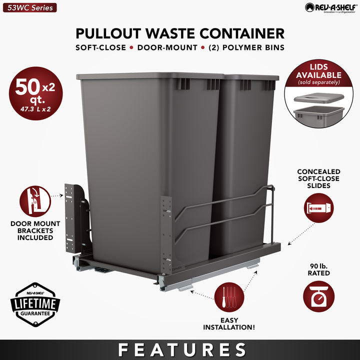 Rev-A-Shelf Double Pullout Trash Can 50 qt. with Soft-close, 53WC-2150SCDM-213
