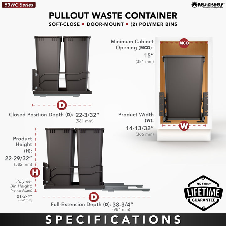 Rev-A-Shelf Double Pullout Trash Can 50 qt. with Soft-close, 53WC-2150SCDM-213