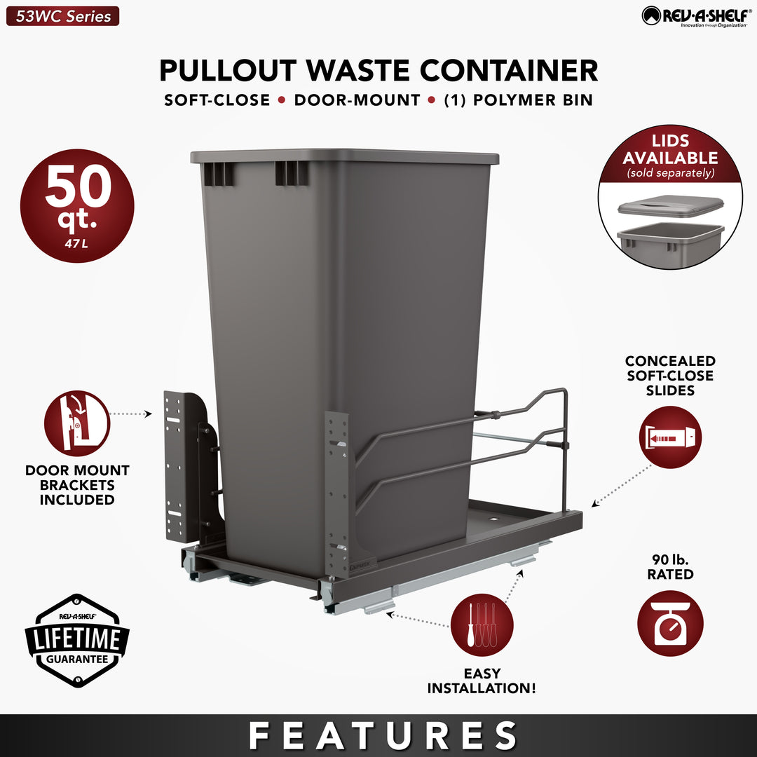 Rev-A-Shelf Pullout Kitchen Trash Can 50 qt. with Soft-close, 53WC-1550SCDM-113