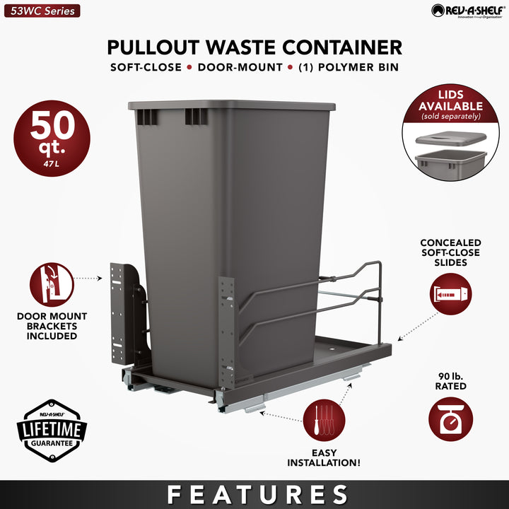 Rev-A-Shelf Pullout Kitchen Trash Can 50 qt. with Soft-close, 53WC-1550SCDM-113