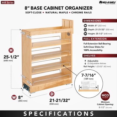 Rev-A-Shelf 8'' Pullout Kitchen Cabinet Organizer Soft-close, 448-BCBBSC-8C