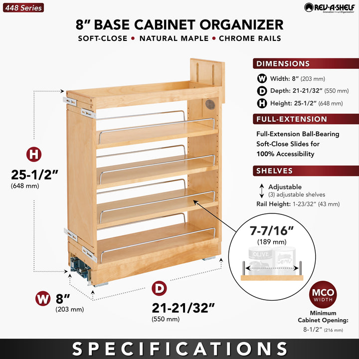 Rev-A-Shelf 8'' Pullout Kitchen Cabinet Organizer Soft-close, 448-BCBBSC-8C