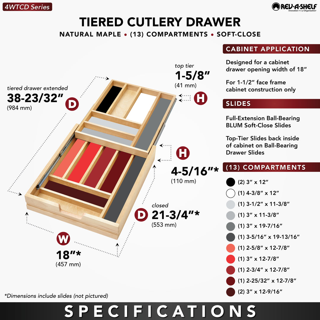 Rev-A-Shelf 18'' Tiered Cutlery Drawer Organizer w/ Soft-Close, 4WTCD-21HSC-1