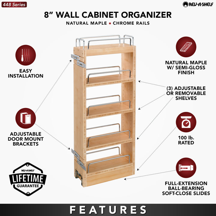 Rev-A-Shelf 8" Pullout Wall Kitchen Cabinet Organizer Storage Rack, 448-WC-8C