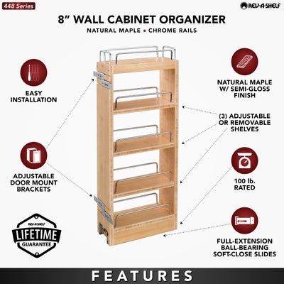 Rev-A-Shelf 8" Pullout Wall Kitchen Cabinet Organizer Storage Rack, 448-WC-8C