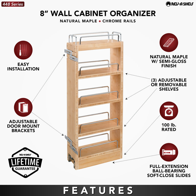 Rev-A-Shelf 8" Pullout Wall Kitchen Cabinet Organizer Storage Rack, 448-WC-8C