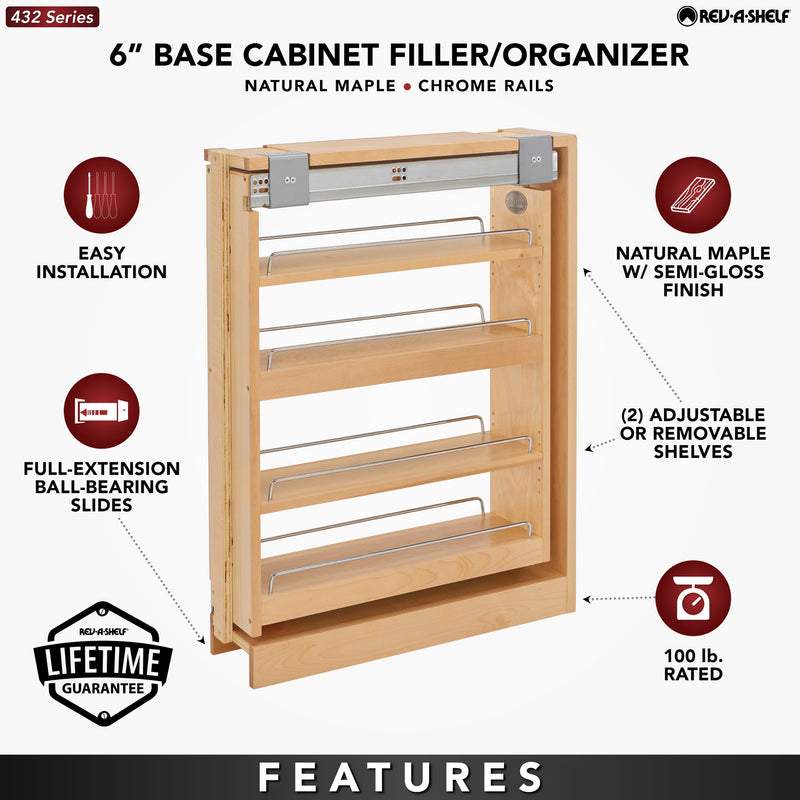 Rev-A-Shelf 6" Pullout Kitchen Cabinet Filler Organizer Spice Rack, 432-BF-6C