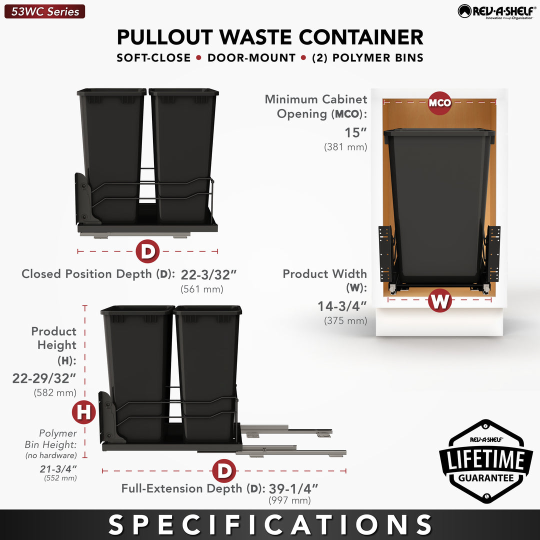 Rev-A-Shelf Double Pullout Kitchen Trash Can 50 qt. Soft-Close 53WC-2150SCDM-218