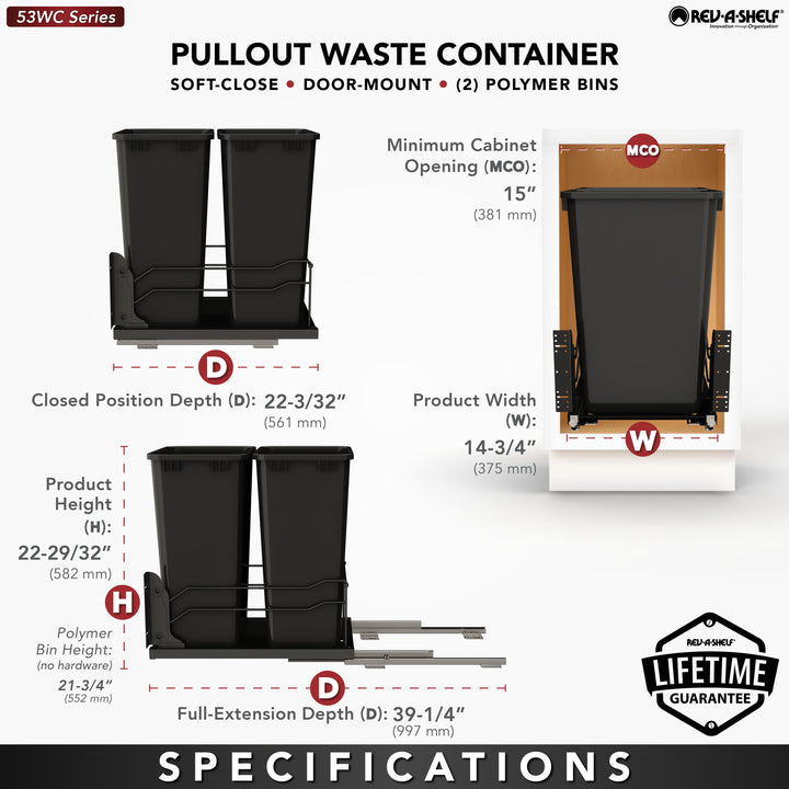 Rev-A-Shelf Double Pullout Kitchen Trash Can 50 qt. Soft-Close 53WC-2150SCDM-218 - VMInnovations