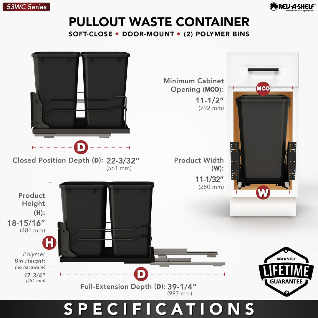 Rev-A-Shelf Double Pullout Kitchen Trash Can 27 qt. Soft-Close 53WC-1527SCDM-218