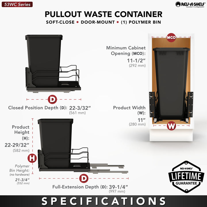 Rev-A-Shelf Pullout Kitchen Trash Can 50 qt. with Soft-Close, 53WC-1550SCDM-118