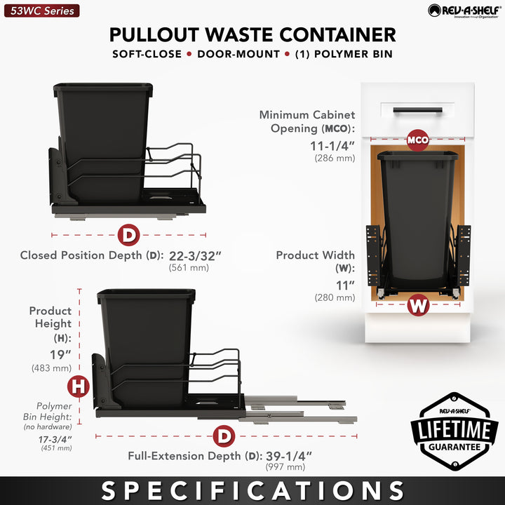 Rev-A-Shelf Pullout Kitchen Trash Can 35 qt. with Soft-Close, 53WC-1535SCDM-118