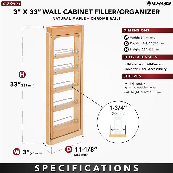 Rev-A-Shelf Pullout Wall Filler Cabinet Wooden Organizer, 33" Hgt, 432-WF33-3C