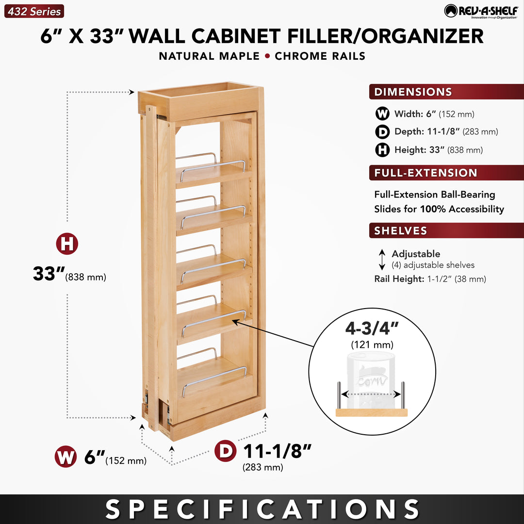 Rev-A-Shelf Pullout Wall Filler Cabinet Wooden Organizer, 33" Hgt, 432-WF33-6C