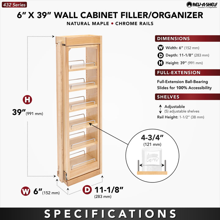 Rev-A-Shelf Pullout Wall Filler Cabinet Wooden Organizer, 39" Hgt, 432-WF39-6C