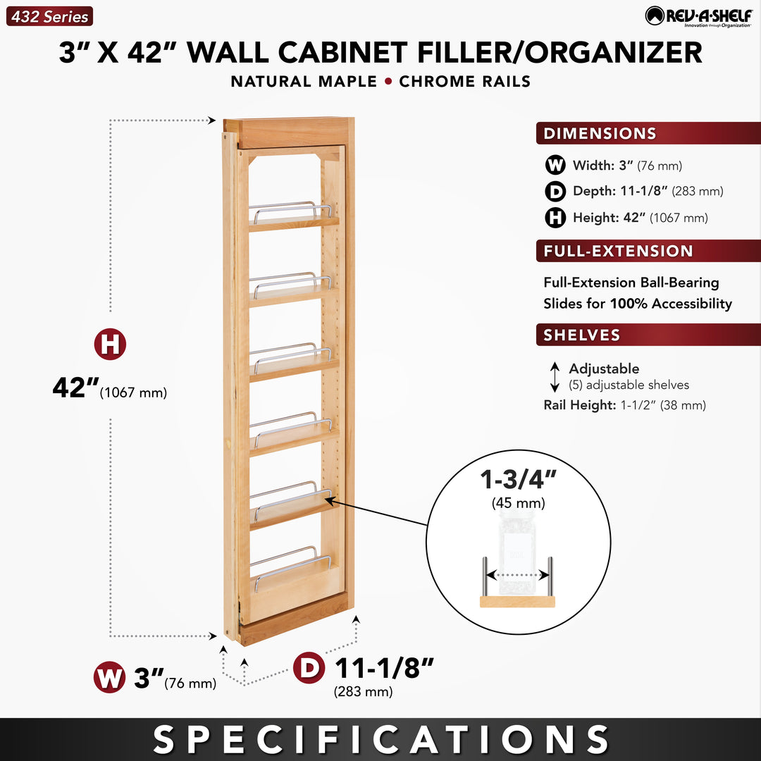 Rev-A-Shelf Pullout Wall Filler Cabinet Wooden Organizer, 42" Hgt, 432-WF42-3C