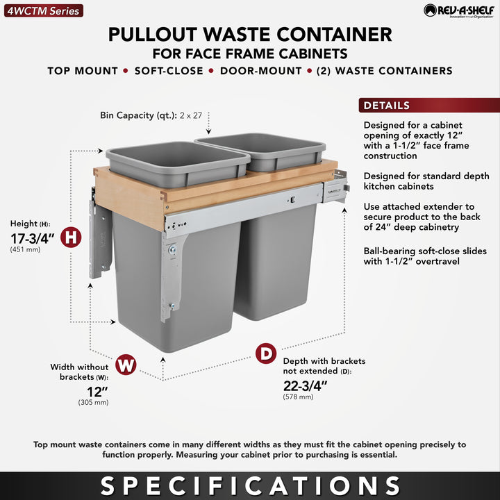 Rev-A-Shelf Pullout Top Mount Trash Can w/ Soft-close, 50 qt., 4WTCM-1550BBSCDM-1