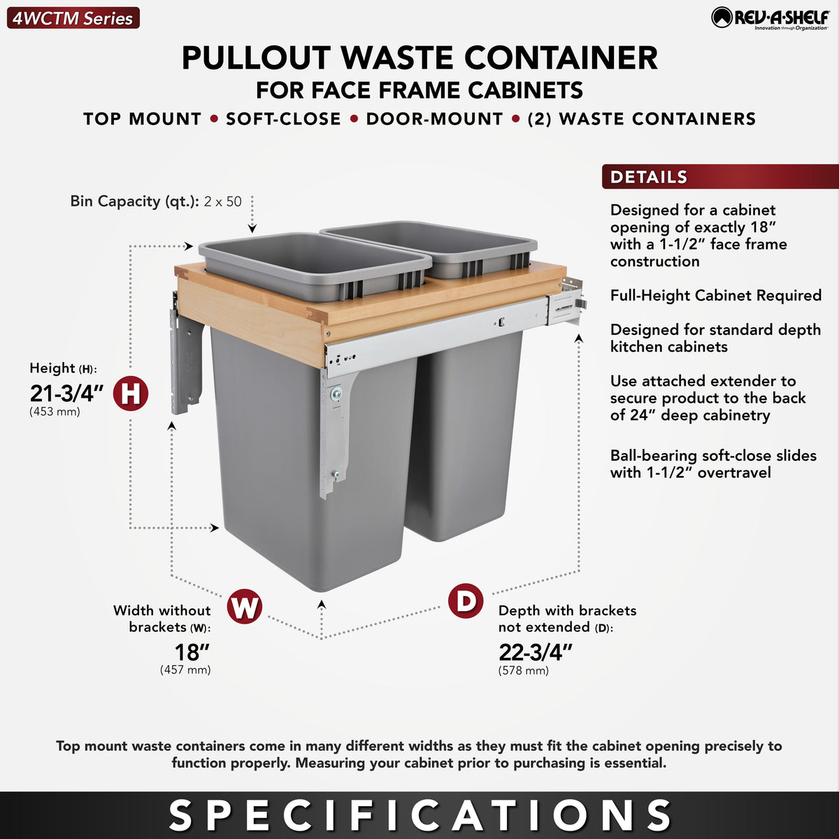 Rev-A-Shelf Double Soft-Close 50 Quart Top Mount Pullout Waste Container (Used)