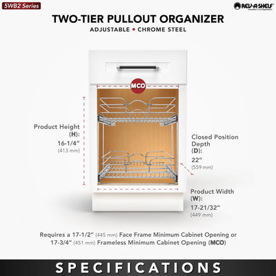 Rev-A-Shelf Pullout 2-Tier Basket Organizer for Kitchen or Vanity Cabinets, 18 x 22 In, 5WB2-1822CR-1