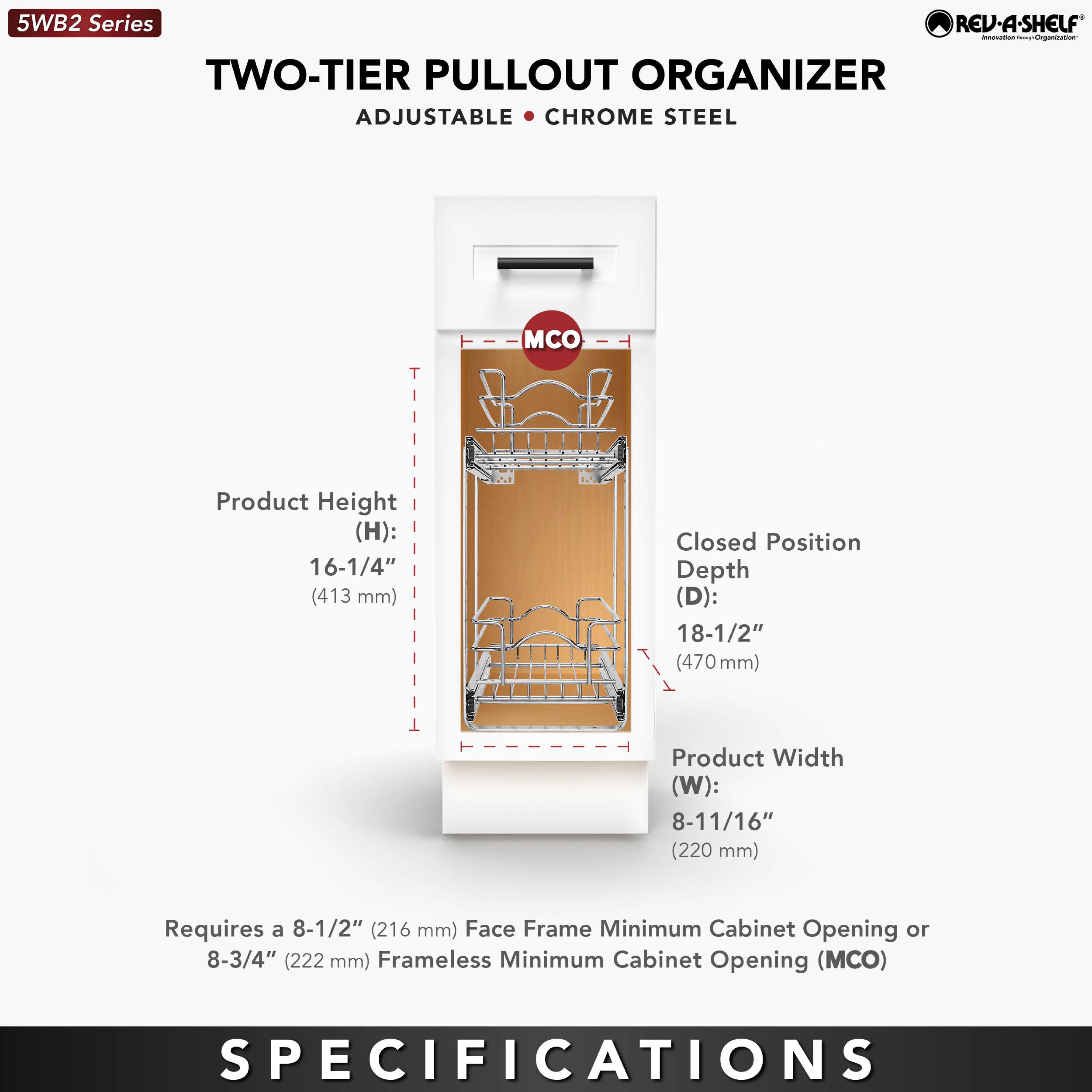Rev-A-Shelf Pullout 2-Tier Basket Organizer for Kitchen or Vanity Cabinets, 9 x 18 In, 5WB2-0918CR-1 - VMInnovations