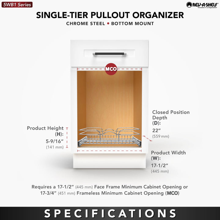 Rev-A-Shelf Pullout Single Basket Organizer for Kitchen Cabinets, 18 x 22 In, 5WB1-1822CR-1