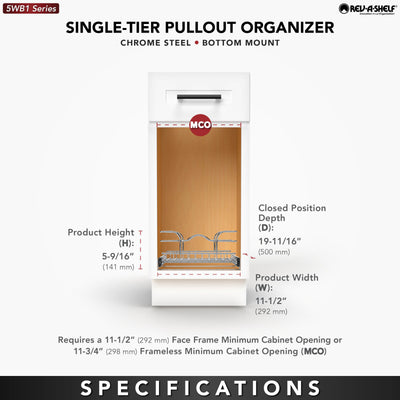Rev-A-Shelf Pullout Basket Organizer for Kitchen or Vanity Cabinets, 8.5"x18", 5WB1-0918CR-1 - VMInnovations