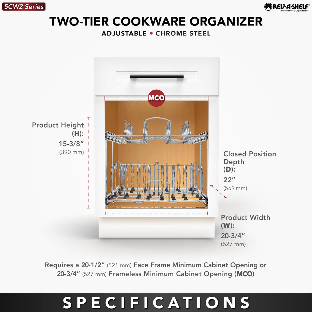 Rev-A-Shelf Pullout Cabinet Pot and Pan Organizer, 21" Width, 5CW2-2122-CR