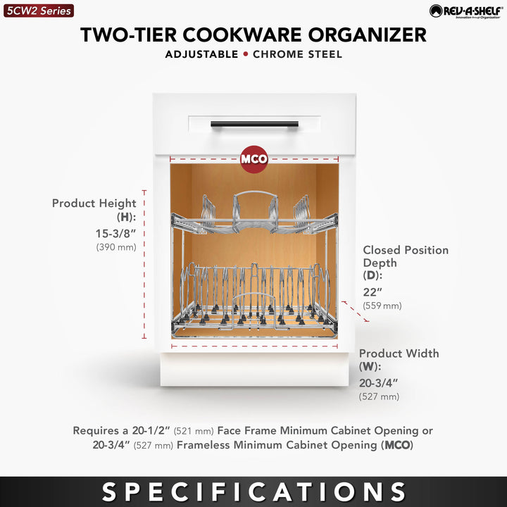 Rev-A-Shelf Pullout Cabinet Pot and Pan Organizer, 21" Width, 5CW2-2122-CR