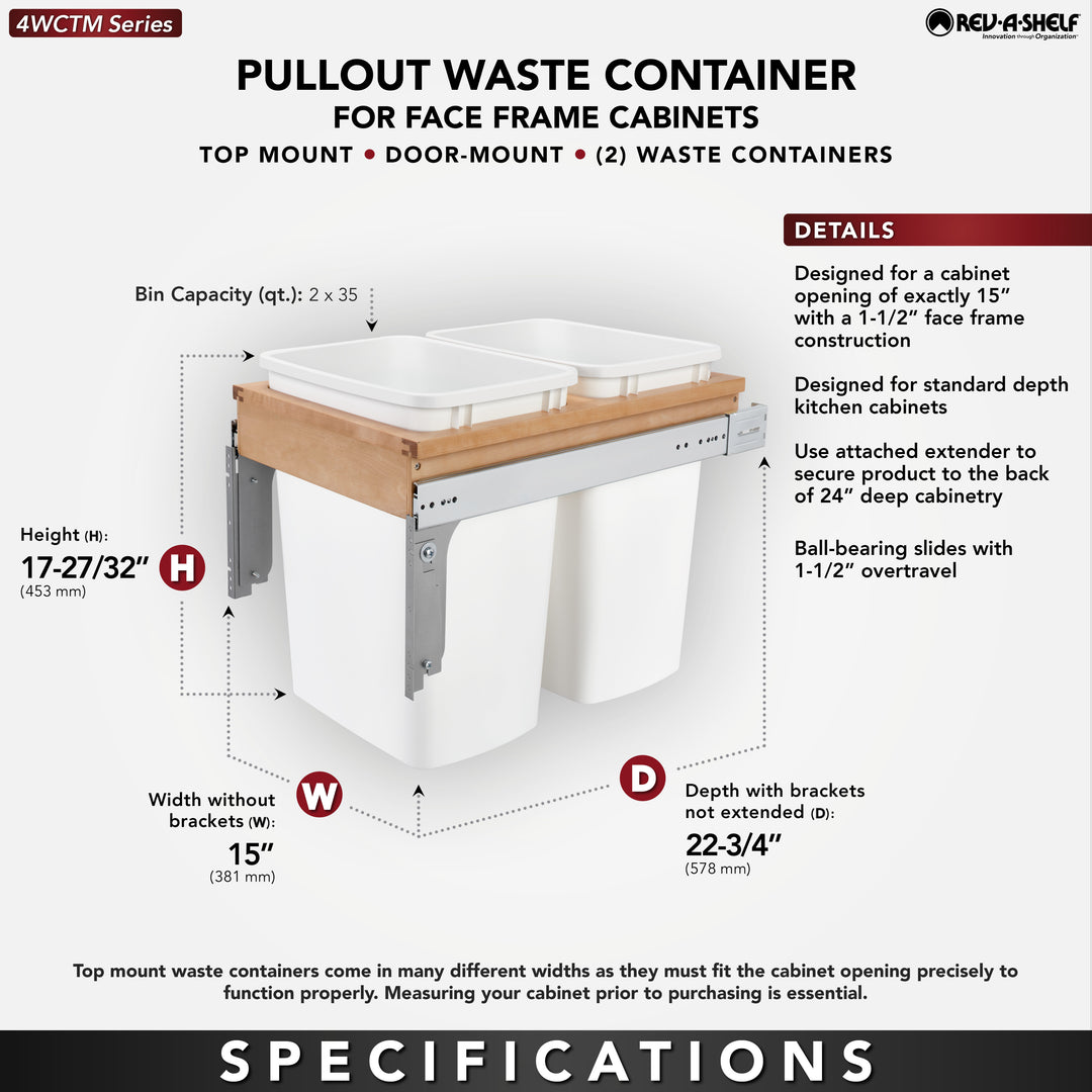 Rev-A-Shelf Double Pullout Top Mount Trash Can 35 qt., White, 4WCTM-18DM2