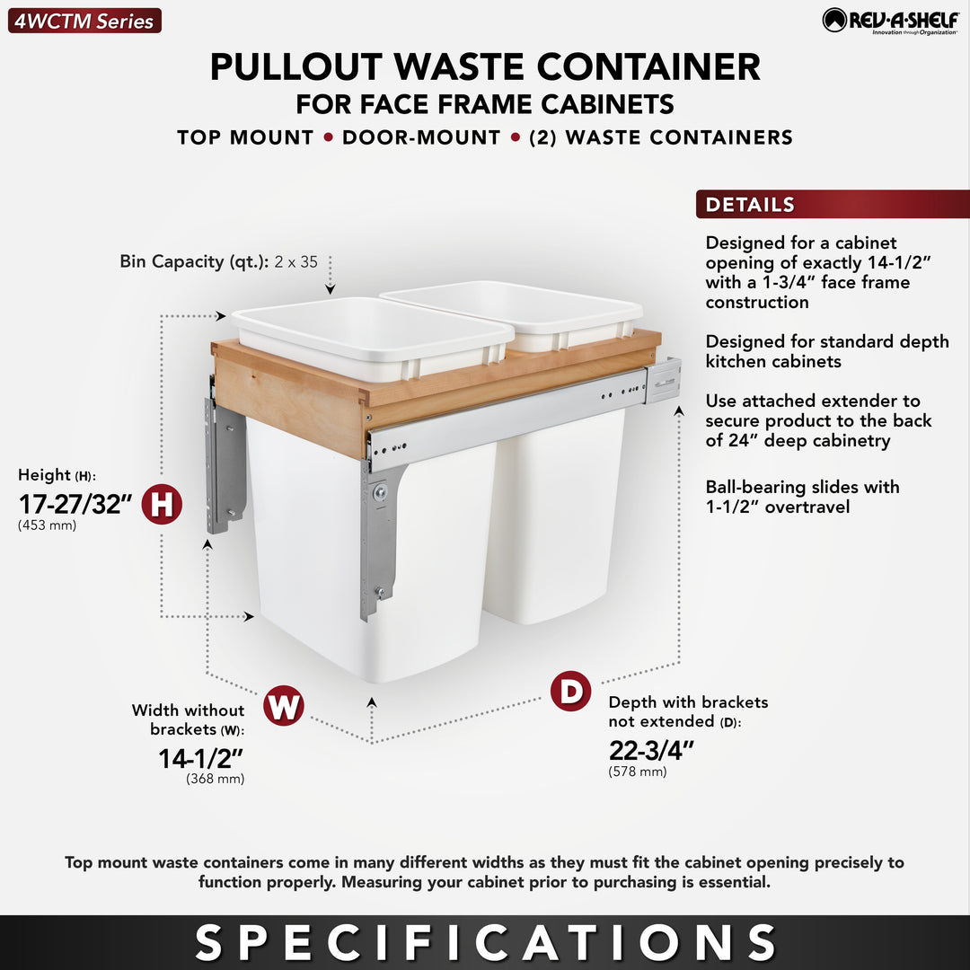 Rev-A-Shelf Double Pullout Top Mount Trash Can 35 qt., White, 4WCTM-18DM2-175