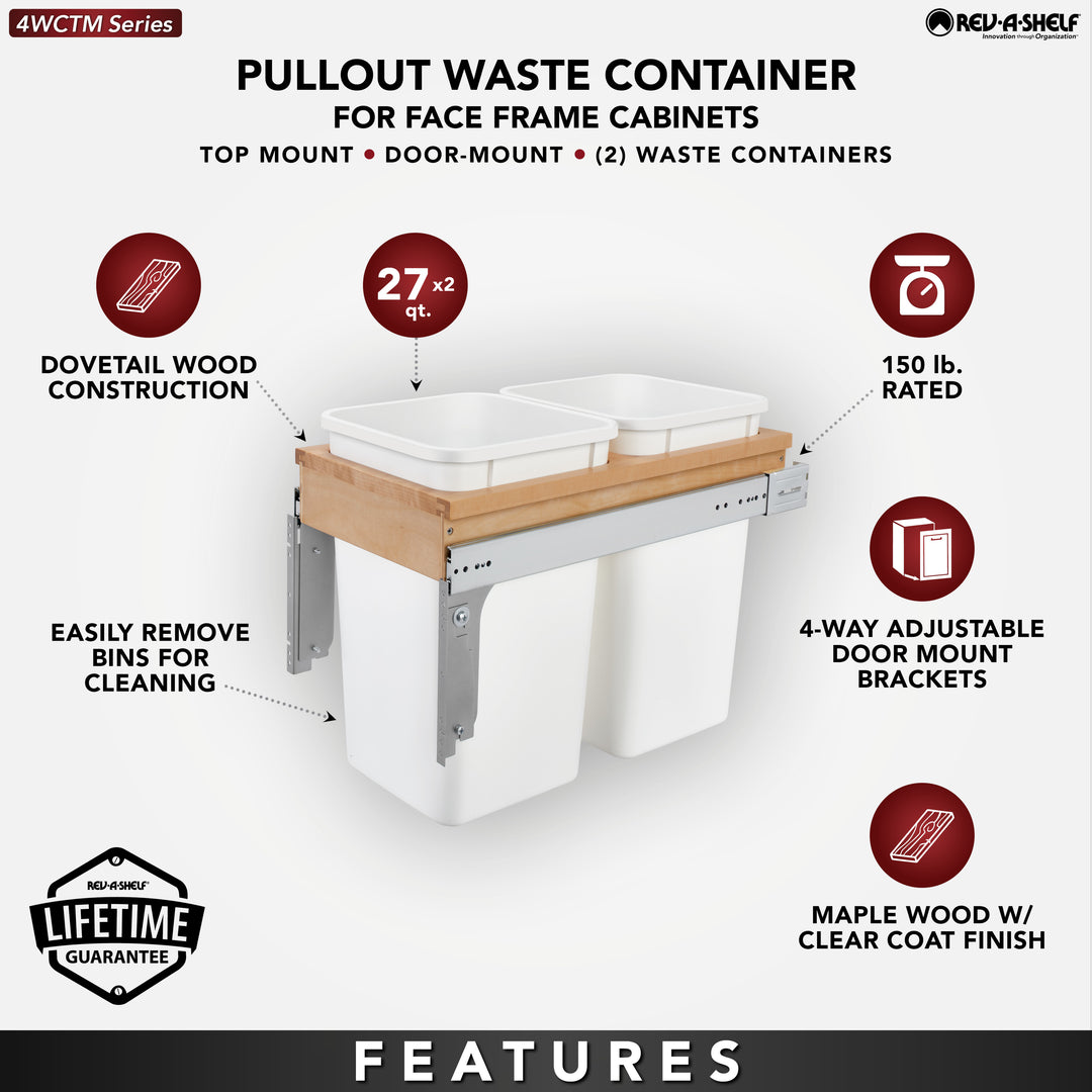 Rev-A-Shelf Double Pullout Top Mount Trash Can 27 qt., White, 4WCTM-15DM2