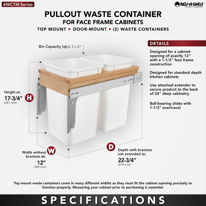 Rev-A-Shelf Double Pullout Top Mount Trash Can 27 qt., White, 4WCTM-15DM2