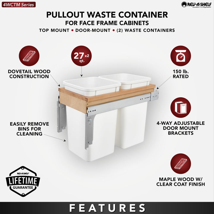 Rev-A-Shelf Double 27 qt. Pullout Top Mount Waste Bin, White, 4WCTM-15DM2-162