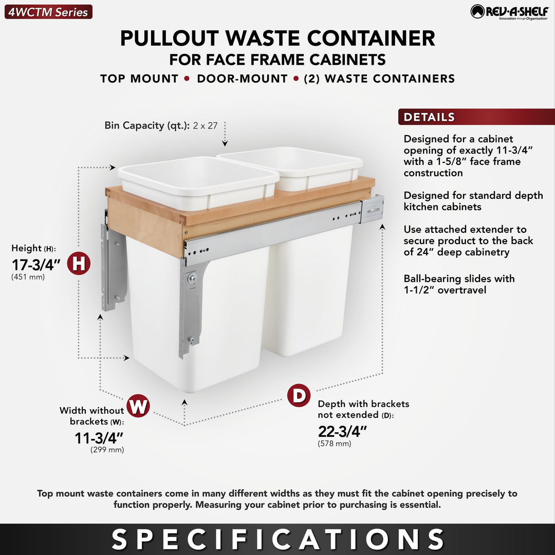 Rev-A-Shelf Double 27 qt. Pullout Top Mount Waste Bin, White, 4WCTM-15DM2-162