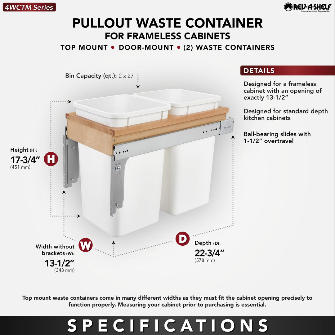 Rev-A-Shelf Double Pullout Top Mount Trash Can 27 qt., White, 4WCTM-15DM2-343-FL