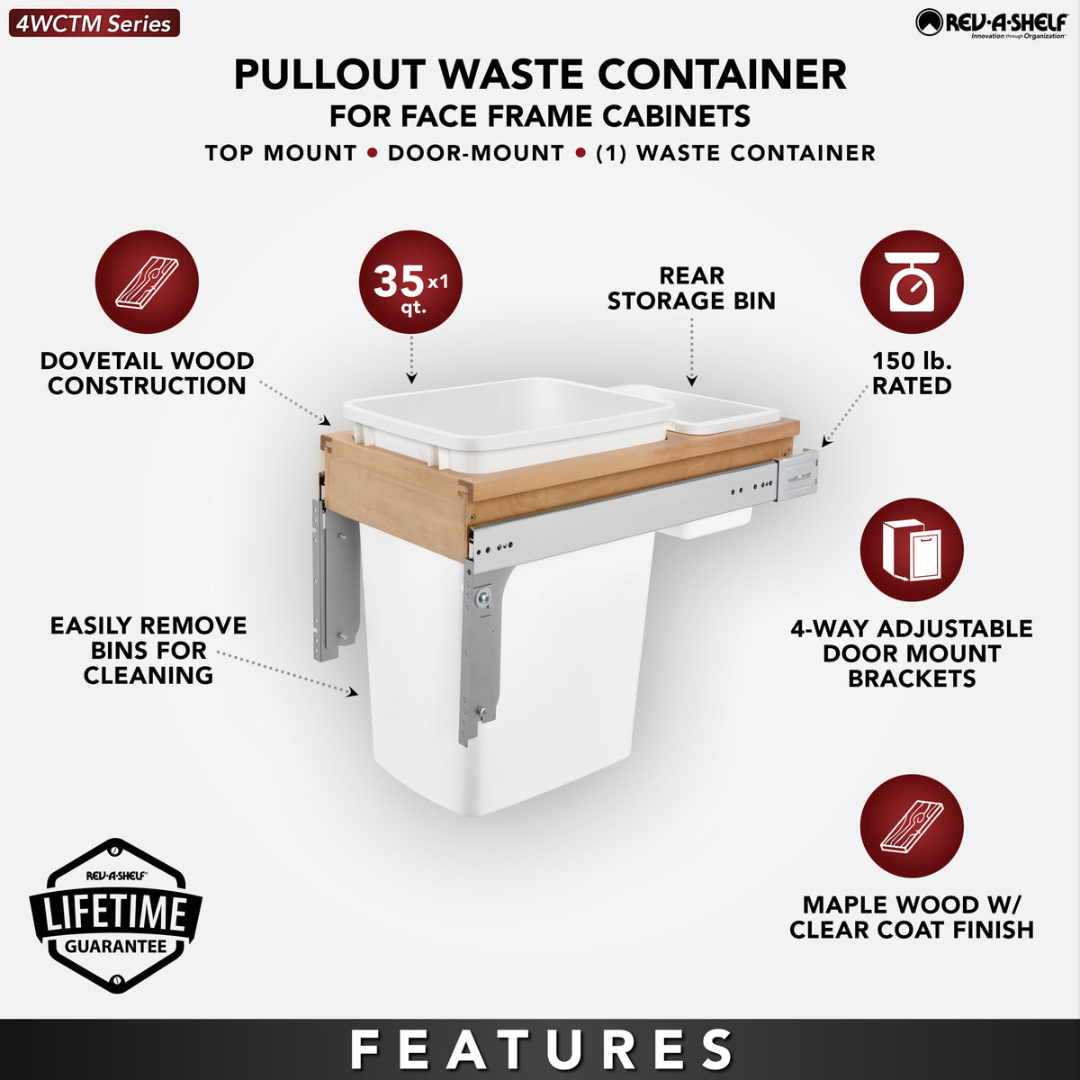 Rev-A-Shelf 4WCTM-12DM1-175 35-Qt Top Mount Pullout Waste Container (Open Box)