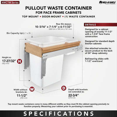 Rev-A-Shelf 4WCTM-12DM1-175 35-Qt Top Mount Pullout Waste Container (Open Box)