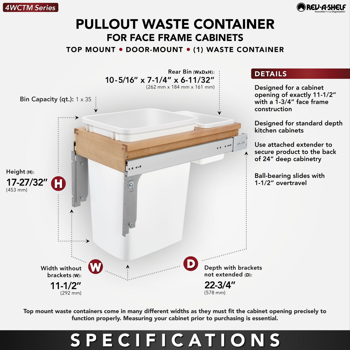 Rev-A-Shelf 4WCTM-12DM1-175 35-Qt Top Mount Pullout Waste Container (Open Box)