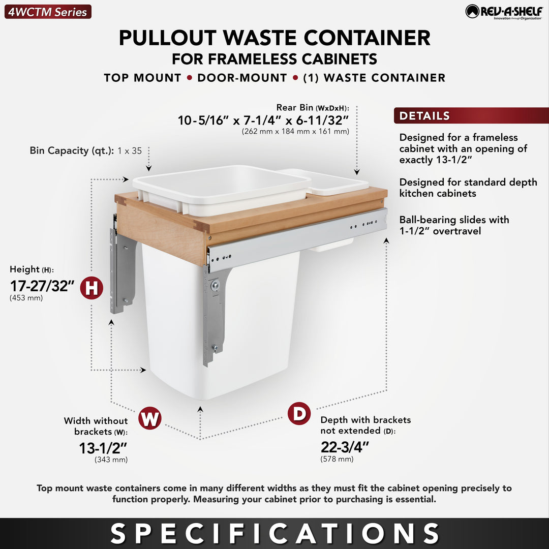 Rev-A-Shelf Pullout 35 qt. Top Mount Container, White, 4WCTM-12DM1-343-FL