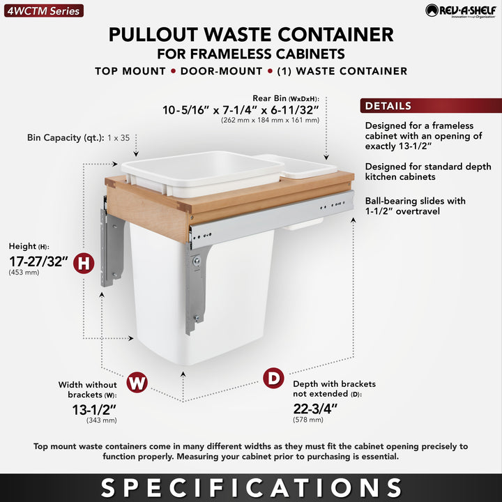 Rev-A-Shelf Pullout 35 qt. Top Mount Container, White, 4WCTM-12DM1-343-FL