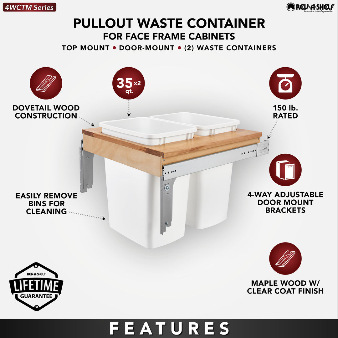 Rev-A-Shelf Double Pullout Top Mount Trash Can 35 qt., White, 4WCTM-24DM2