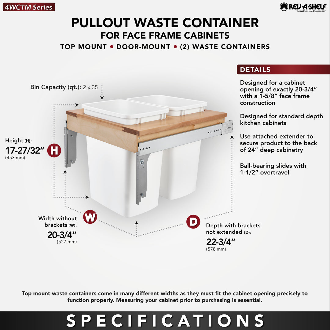 Rev-A-Shelf Double Pullout Top Mount Trash Can 35 qt., White, 4WCTM-24DM2-162