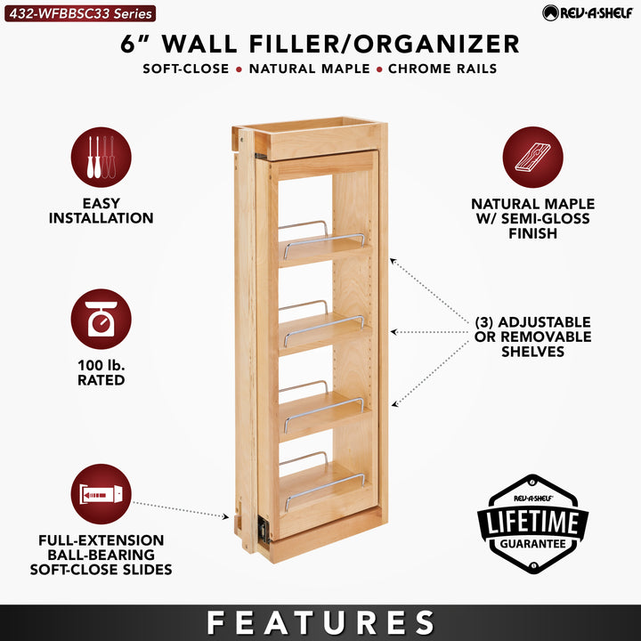 Rev-A-Shelf 6" Pullout Wall Filler w/ Soft-close, 33" Height, 432-WFBBSC33-6C