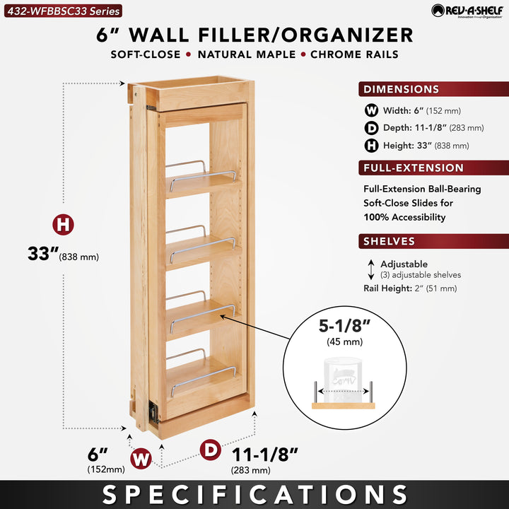 Rev-A-Shelf 6" Pullout Wall Filler w/ Soft-close, 33" Height, 432-WFBBSC33-6C