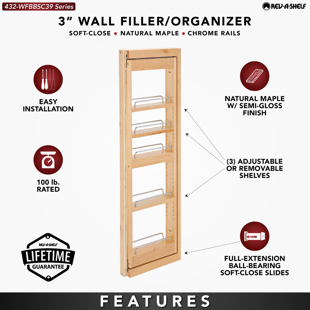 Rev-A-Shelf 3" Pullout Wall Filler w/ Soft-close, 39" Height, 432-WFBBSC39-3C