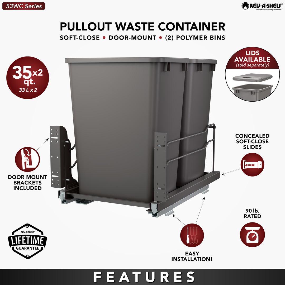 Rev-A-Shelf Double Pullout Trash Cans 35 qt. with Soft-close, 53WC-1835SCDM-213