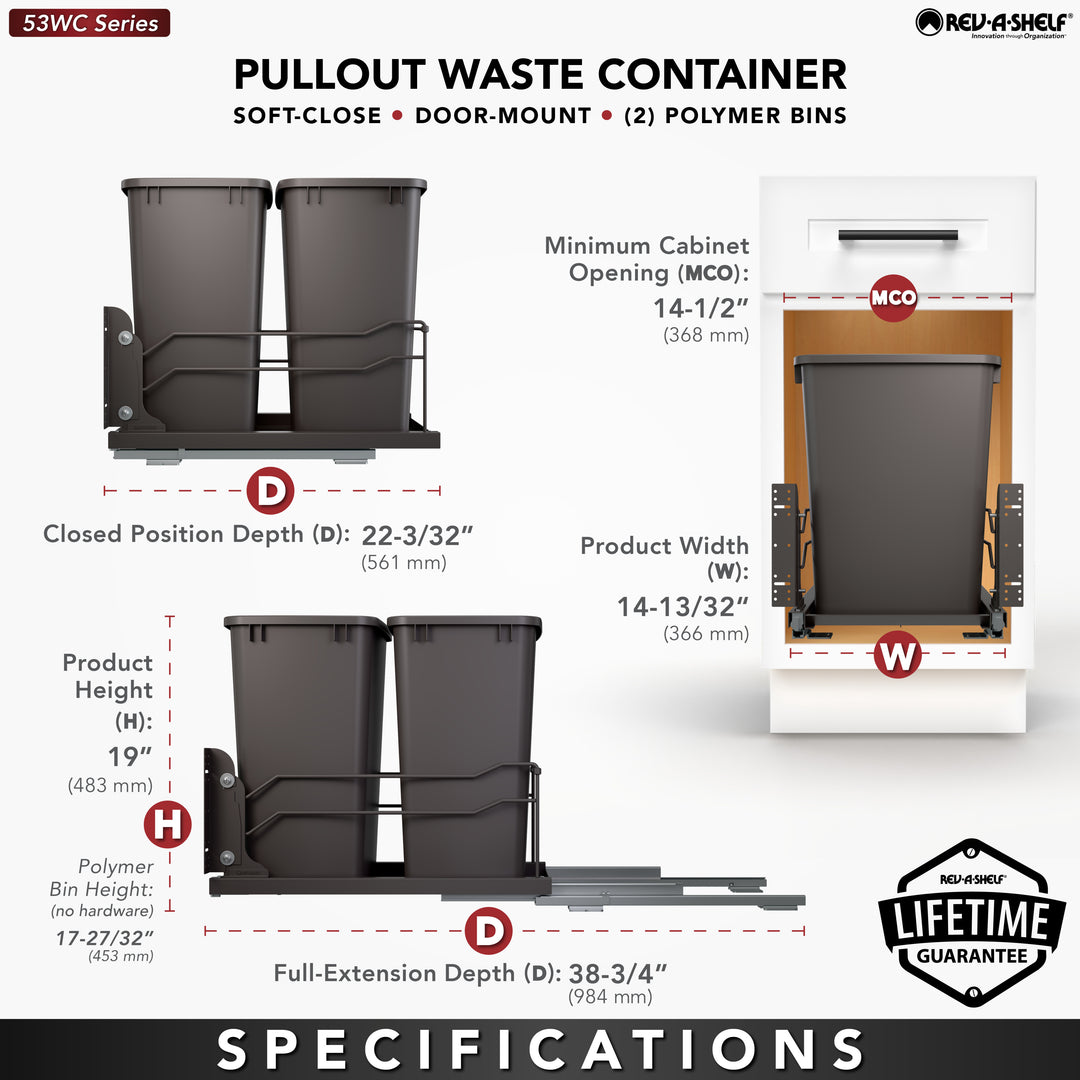 Rev-A-Shelf Double Pullout Trash Cans 35 qt. with Soft-close, 53WC-1835SCDM-213