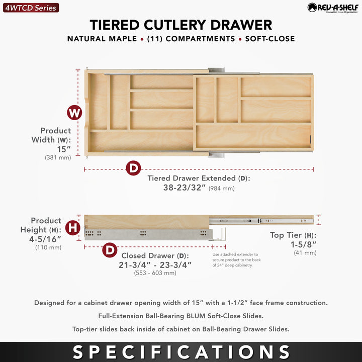 Rev-A-Shelf 15'' Tiered Cutlery Drawer Organizer with Soft-Close, 4WTCD-18HSC-1