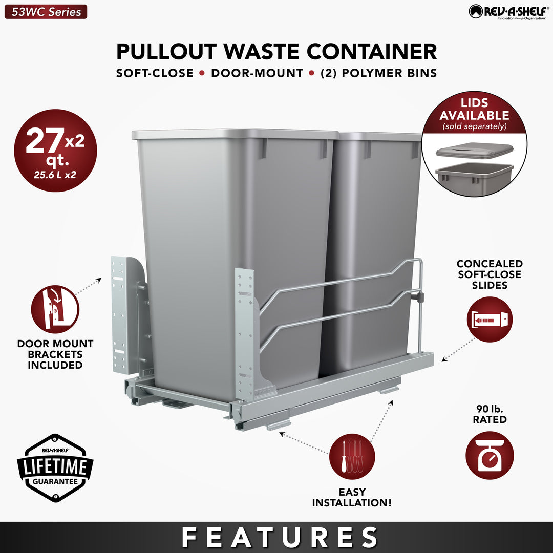 Rev-A-Shelf Double Pullout Trash Can 27 qt. with Soft-close, 53WC-1527SCDM-217