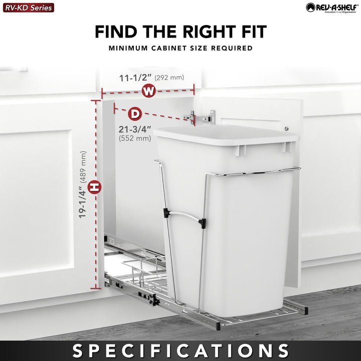Rev-A-Shelf Pullout Trash Can 35 qt. for Kitchen Cabinets, Silver, RV-12KD-17C S